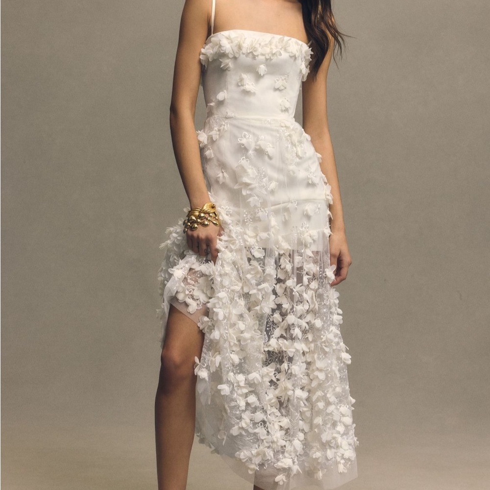 Anthropologie Helsi Audrey Square-Neck Floral Sheer Midi Dress (White/Ivory)